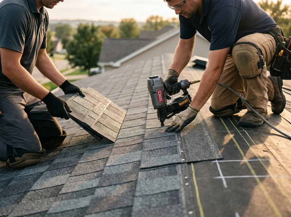 Professional roofer working on a residential roof in Tumwater